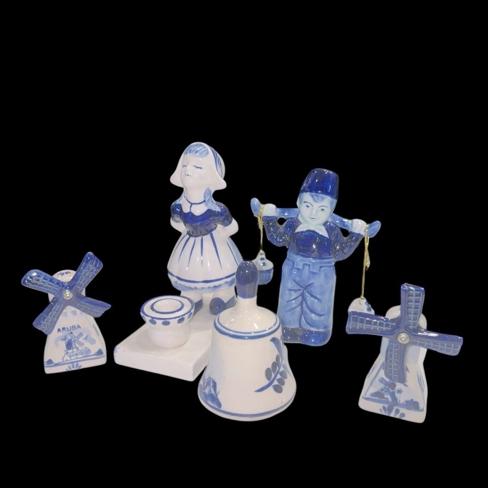 Vintage Blue & White Delft Holland Ceramic Figurines & Mini Windmills (Set of 5) - Picture 2 of 13